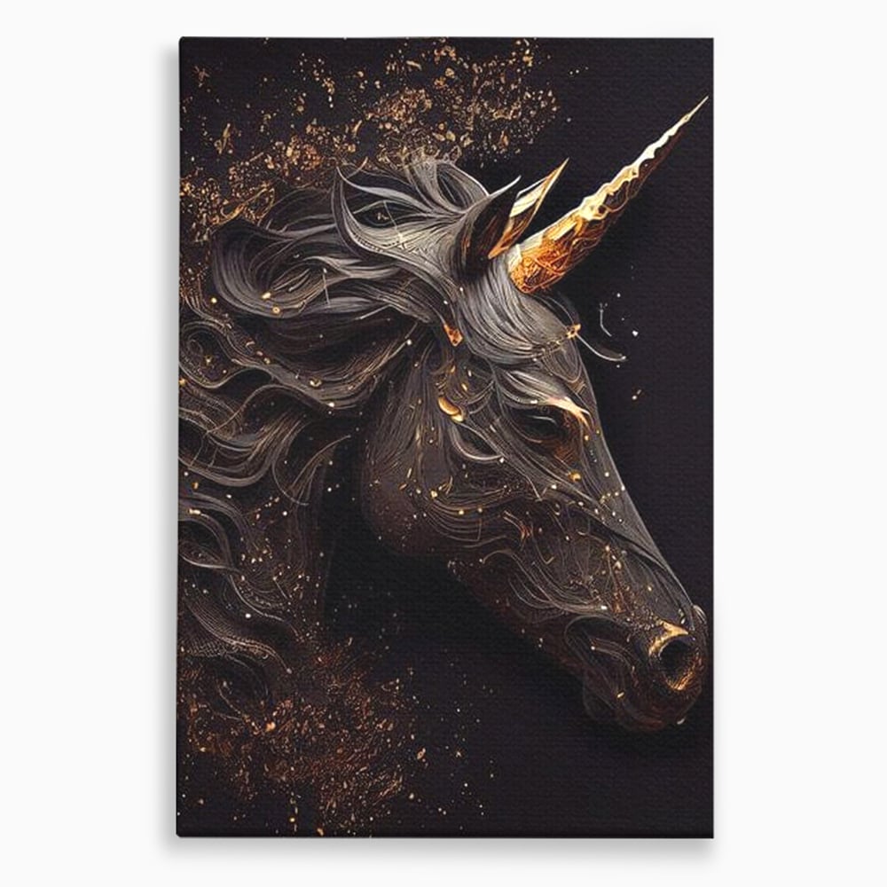 Tablou canvas cu portret de unicorn negru cu detalii aurii, fara rama, pe sasiu de lemn